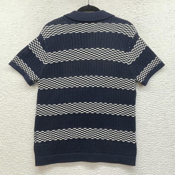 American Eagle Polo Shirt Mens XS Navy Blue Cotton Crochet Striped Checkered New - Picture 2 of 10